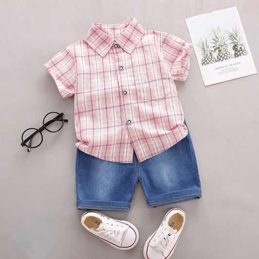 Ju Ju Jam pink plaid shirt and shorts set for boys, featuring a stylish plaid pattern and matching shorts.