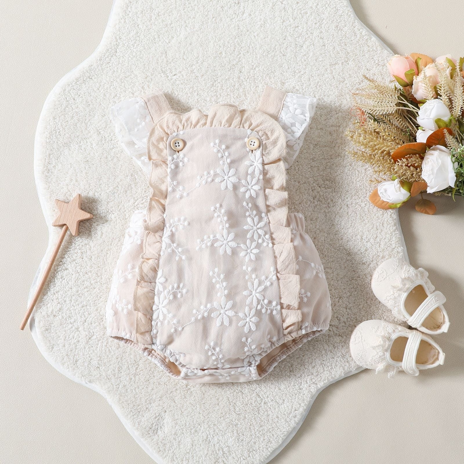 Baby girl in Pixie Embroidered Party Romper β delicate embroidery and elegant partywear style β Ju Ju Jam baby fashion.