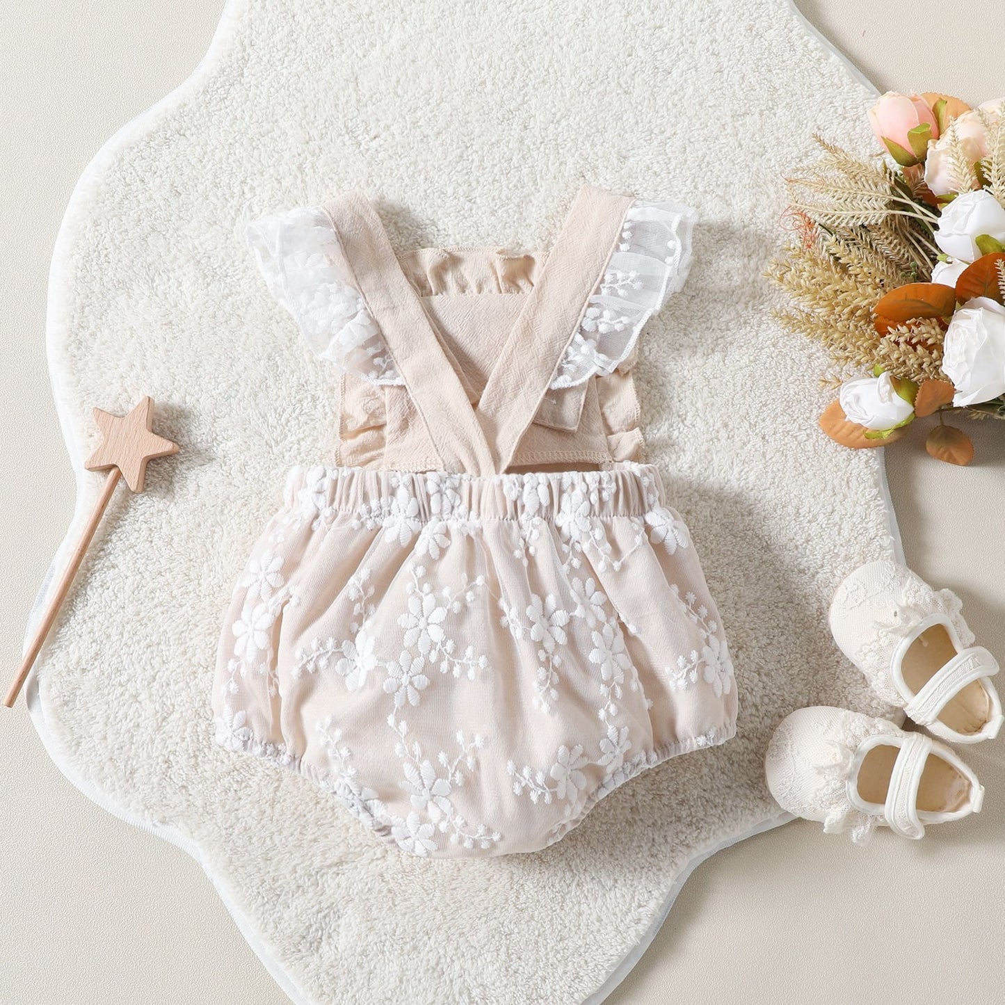 Pixie Embroidered Girls Romper by Ju Ju Jam – charming party outfit for baby girls with fine embroidered details.