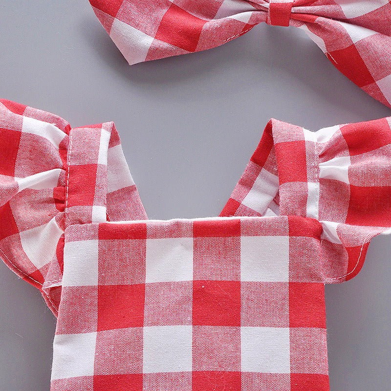 Front view of Plaid Princess Romper Set β elegant baby girl romper with matching accessories