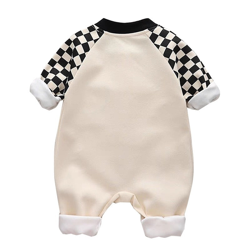 Ju Ju Jam unisex baby romper featuring plaid-patterned long sleeves and solid body