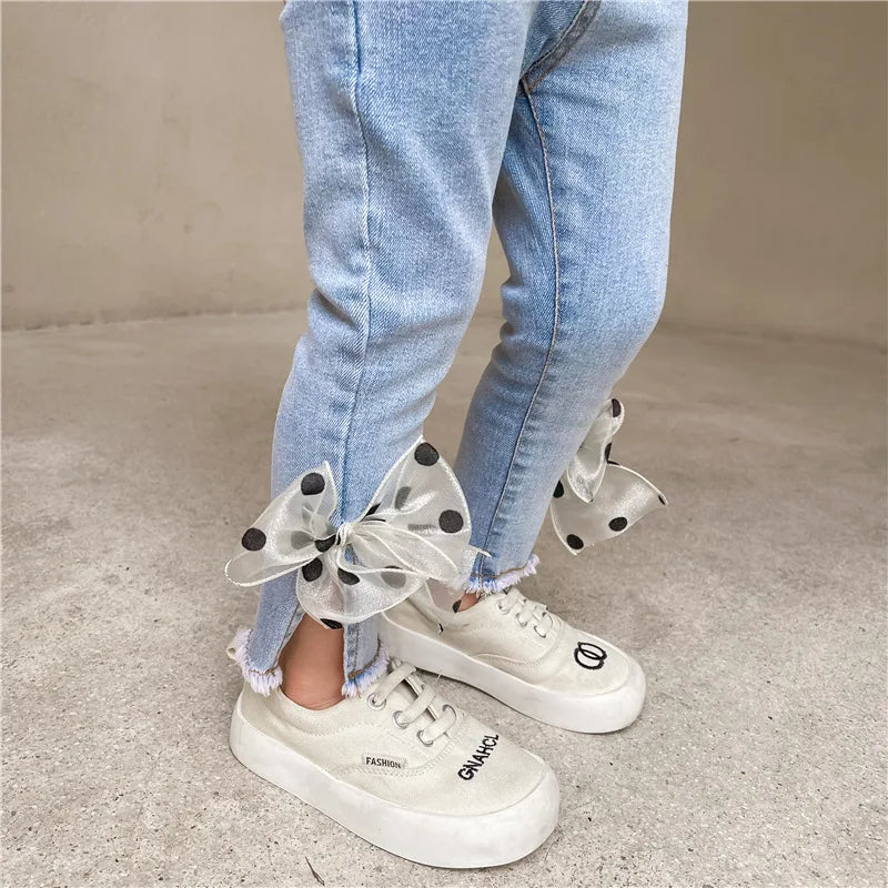 Girls denim pants with decorative bow and polka dots – Ju Ju Jam