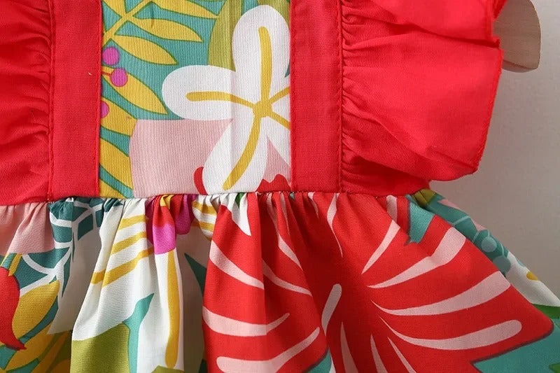 Red Vibrant Frill Sleeves Girls Dress with Hat