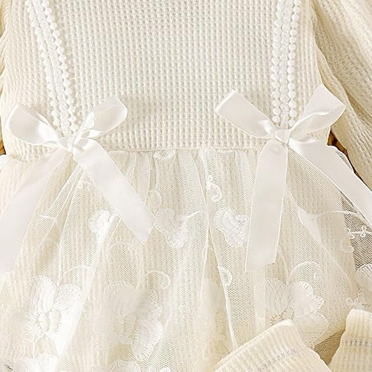 Baby girl romper dress set – Rose outfit by Ju Ju Jam with socks and coordinating hair bow.