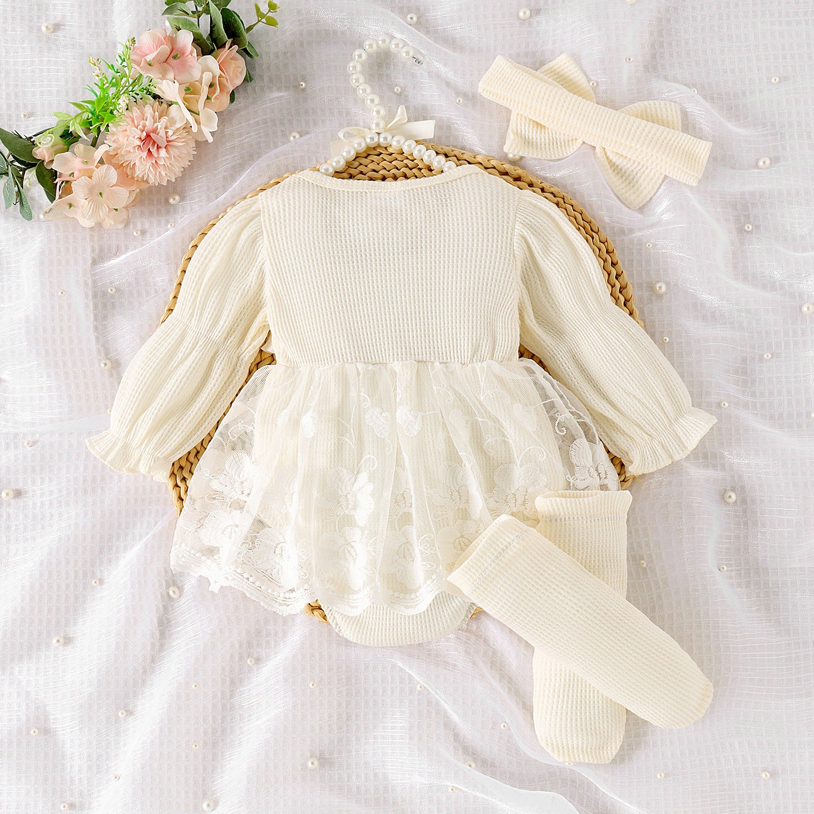 Ju Ju Jam Rose romper dress set – elegant baby girl outfit including socks and a cute matching bow.