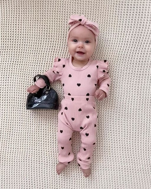 Ju Ju Jam baby girls romper and pant set featuring cute ruffle sleeves and matching head bow β comfortable and fashionable baby attire.