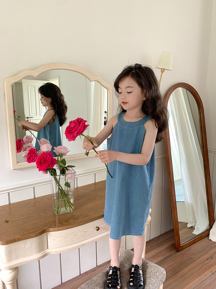 Sleeveless Denim Korean Style Girls Dress