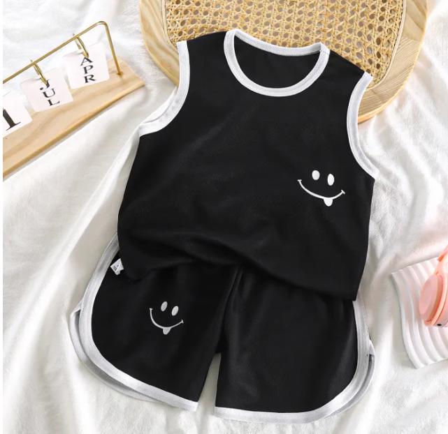 Charming Smiley Black and White Set for Boys - Includes a fun smiley design on a black and white two-piece outfit, ideal for casual summer days, at Ju Ju Jam.