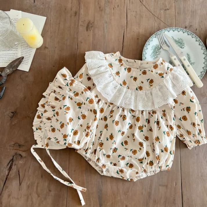 Ju Ju Jam baby girls Stella romper – soft fabric with frill accents and coordinating cap for sweet charm.