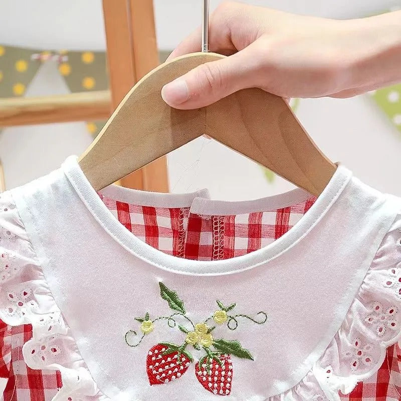 Ju Ju Jam baby romper for girls – strawberry-themed plaid design perfect for summer outings.