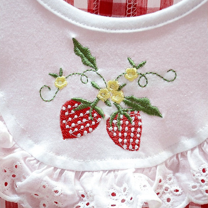 Strawberry pattern baby romper for girls – Ju Ju Jam plaid outfit ideal for toddlers and infants.