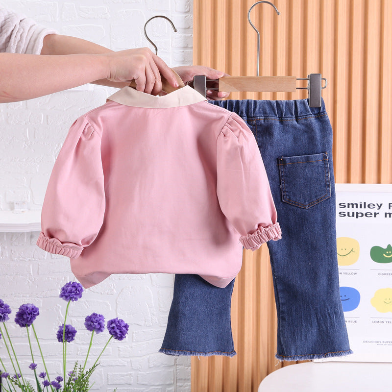 Girls' outfit featuring a chic bow top and flare jeans - Ju Ju Jam