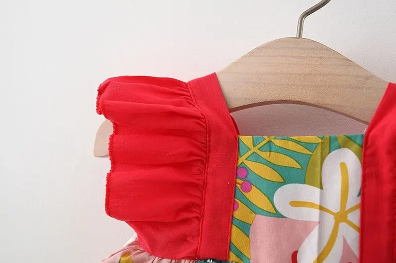 Red Vibrant Frill Sleeves Girls Dress with Hat