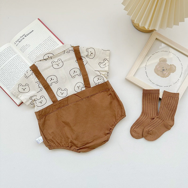Cute Tie Suspender Romper for Boys by Ju Ju Jam - Trendy outfit with tie suspenders for a stylish appearance.