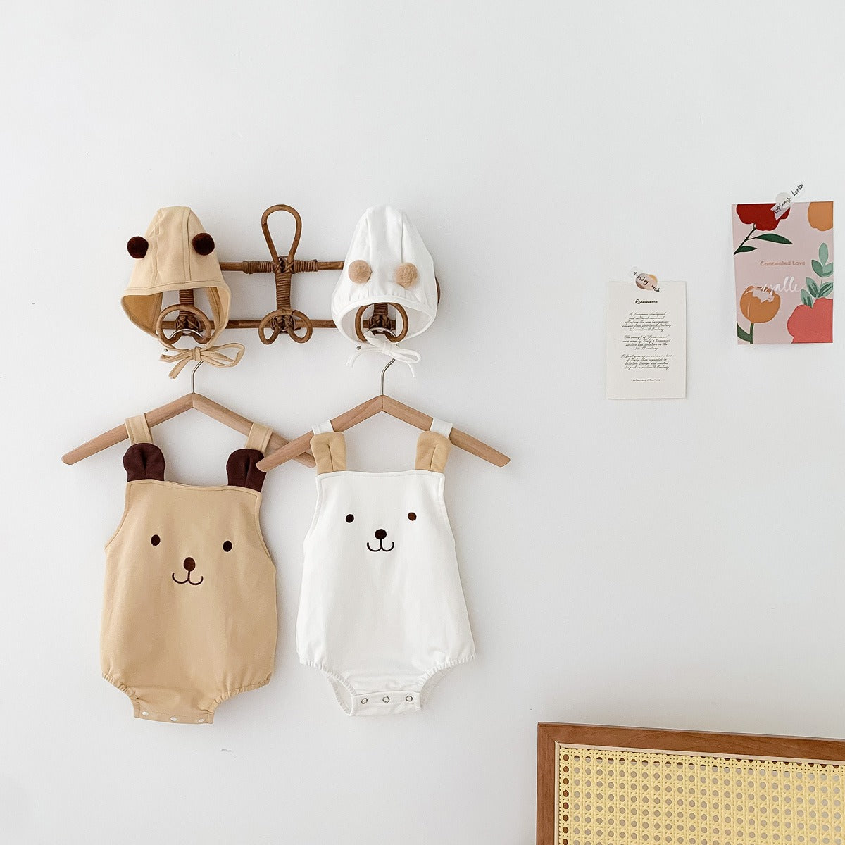 Close-up of Tiny Teddy Romper and hat set – warm and cuddly babywear