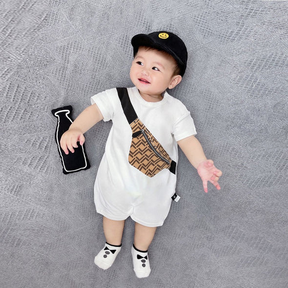 Ju Ju Jam Travel Bag Print Romper - Adorable baby romper with a playful travel bag design, suitable for both boys and girls.