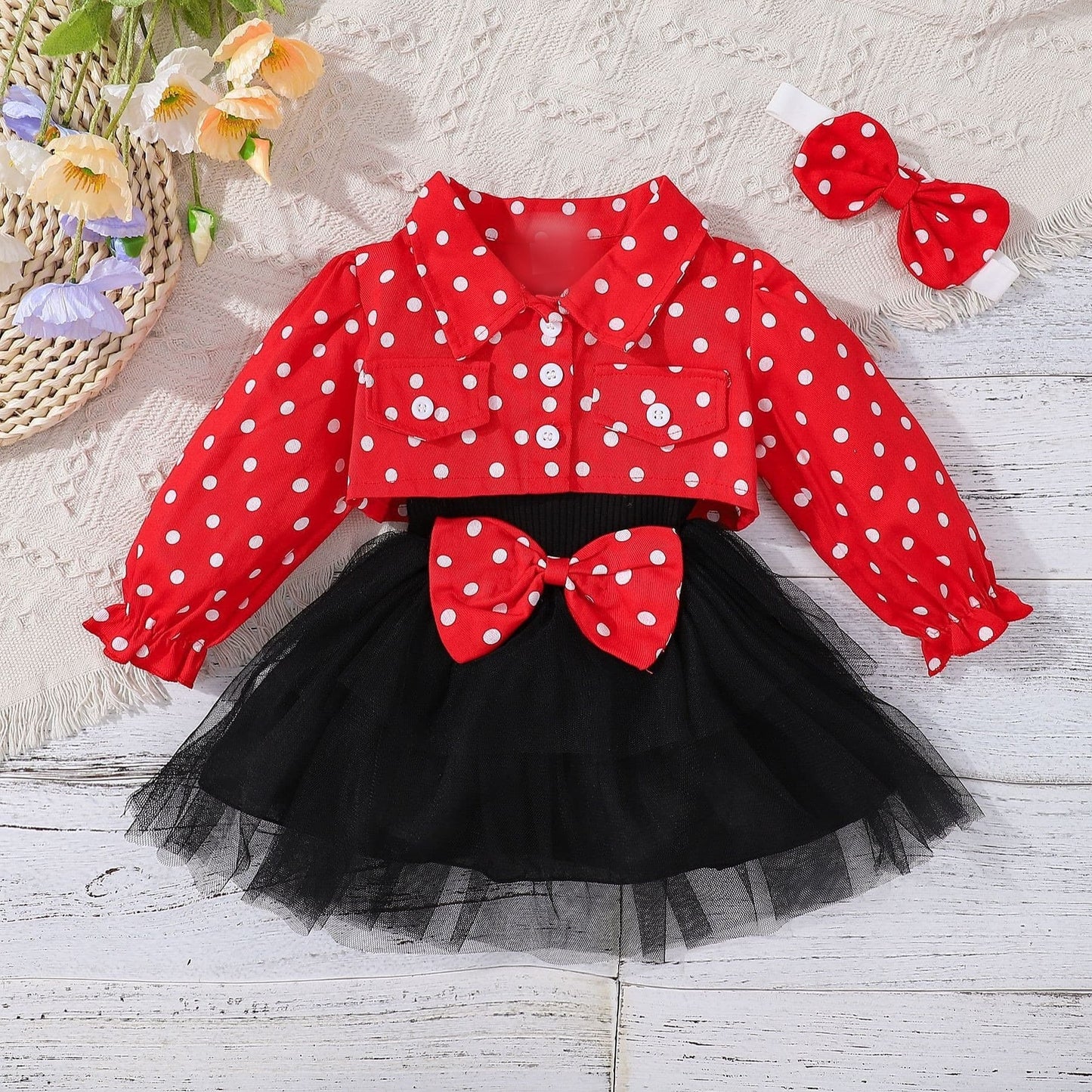 Polka Dot Baby Girls Dress with Jacket and Headband