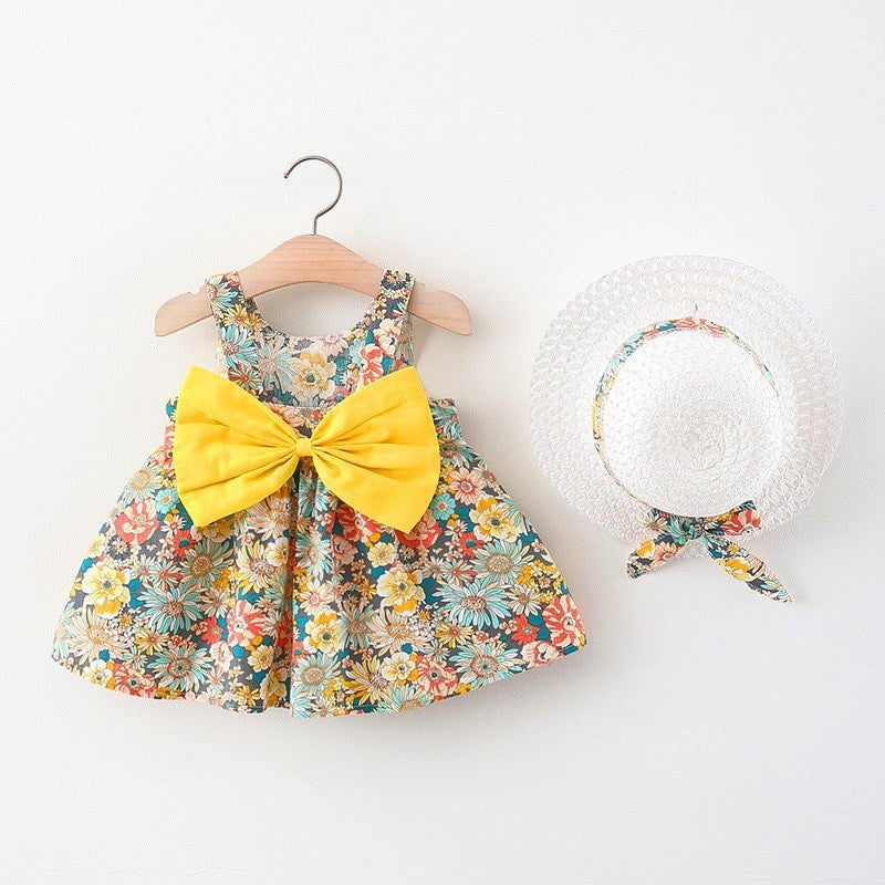 Ju Ju Jam girls' dress with yellow contrast, bow detail, and matching hat