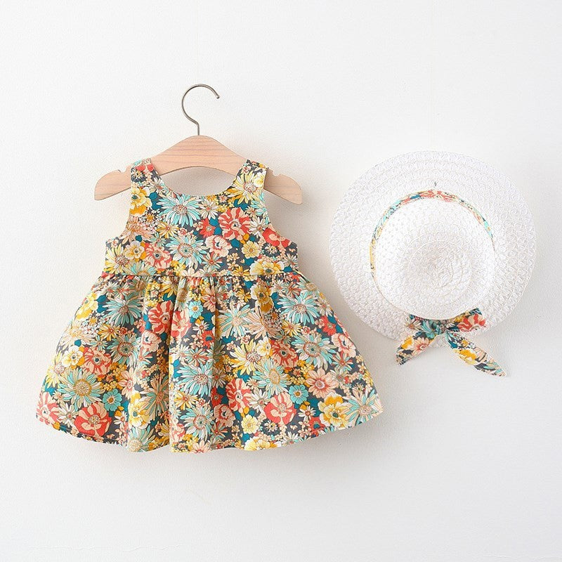Yellow contrast girls bow dress with hat by Ju Ju Jam - front view