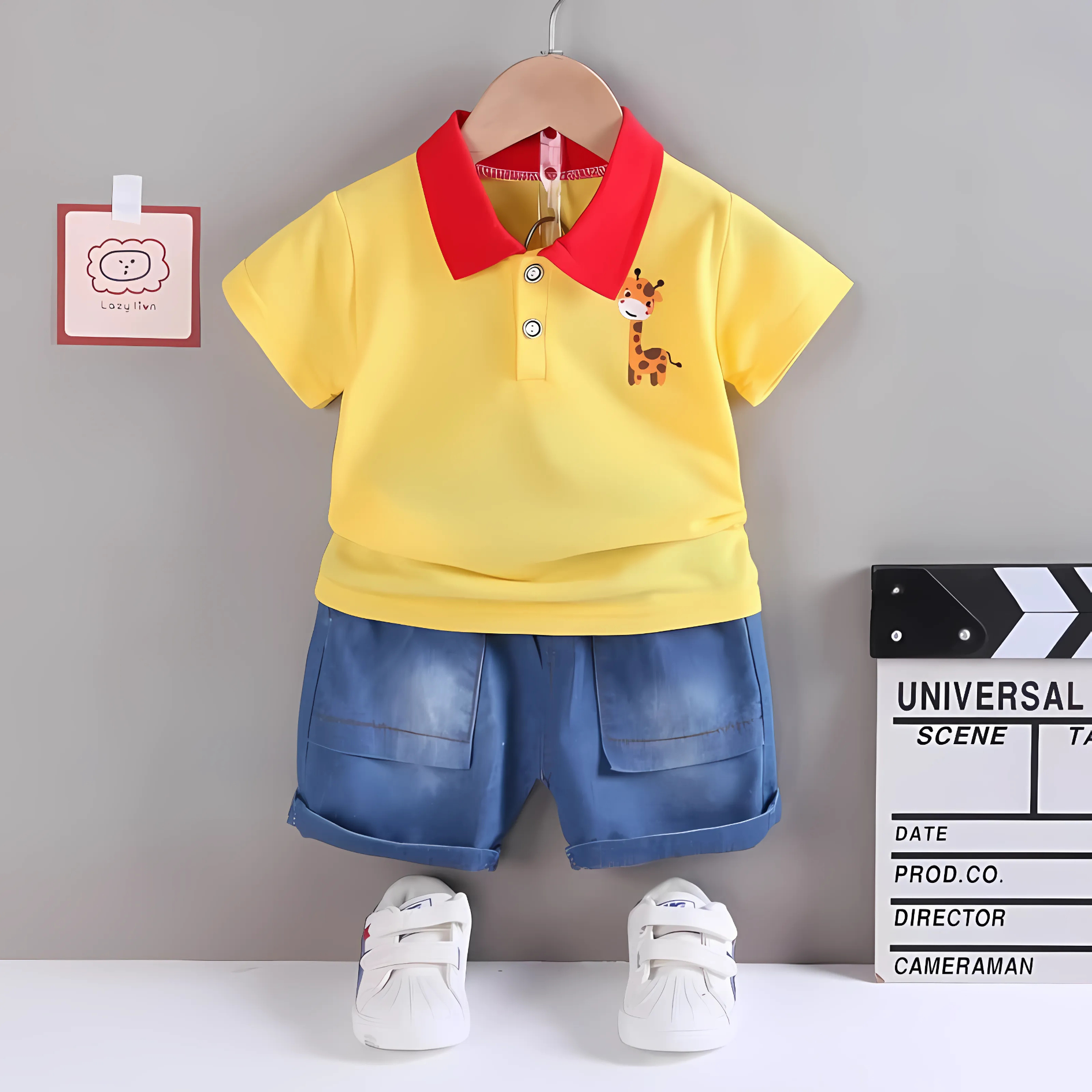 Yellow Giraffe boys collar t-shirt and bottom set by Ju Ju Jam – cute animal-themed outfit