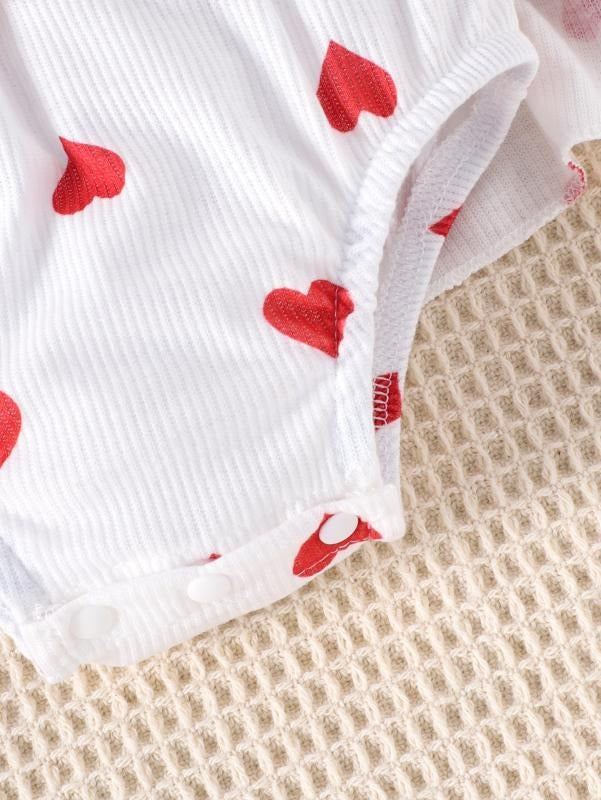 Polka Hearts Baby Girls Romper Dress Set (With Socks and Head Bow)