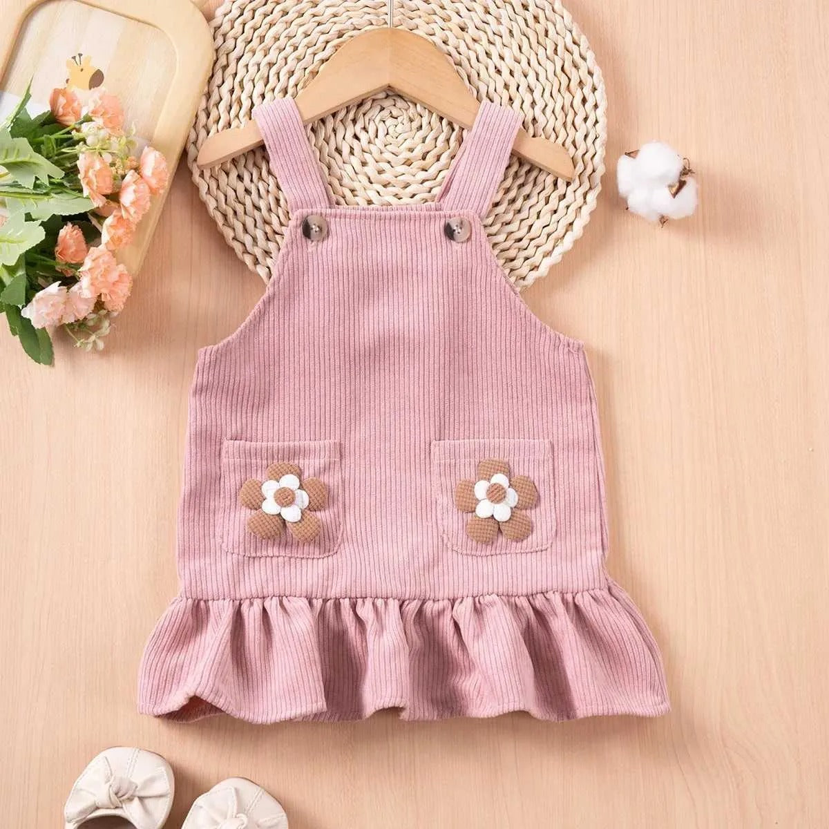Flower Pocket Corduroy Girls Suspender Dress