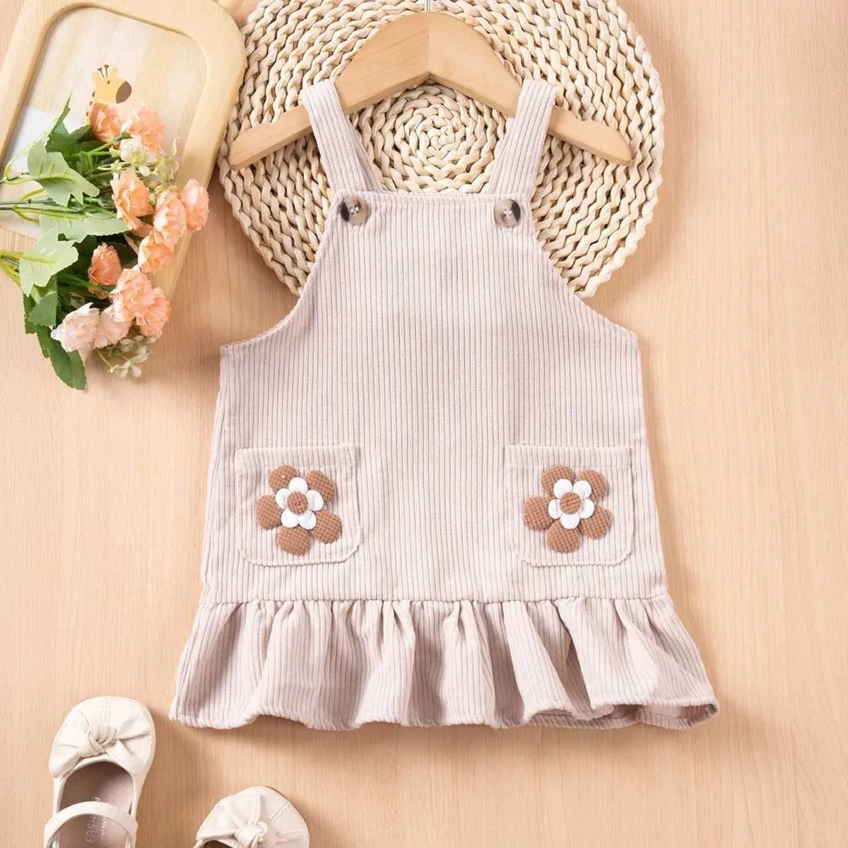 Flower Pocket Corduroy Girls Suspender Dress