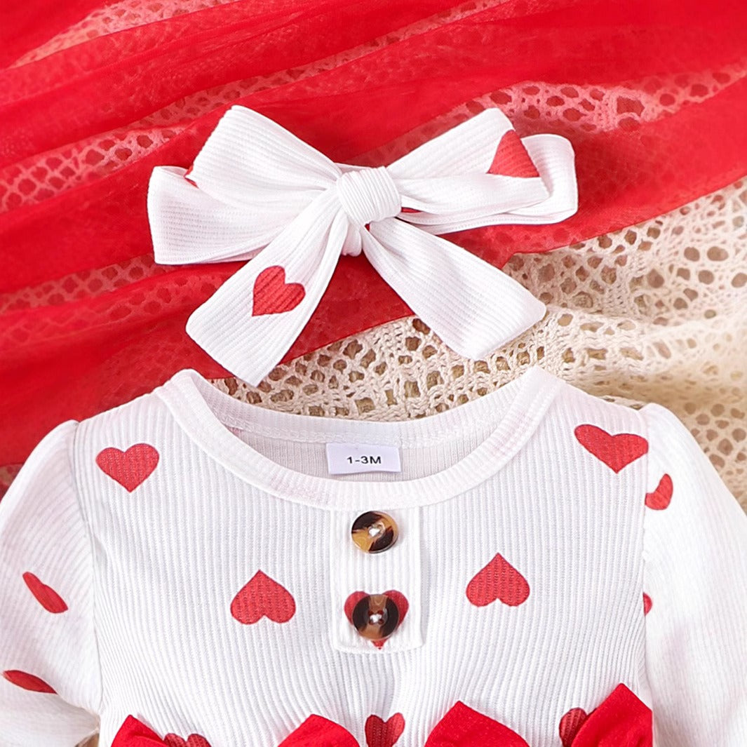 Polka Hearts Baby Girls Romper Dress Set (With Socks and Head Bow)