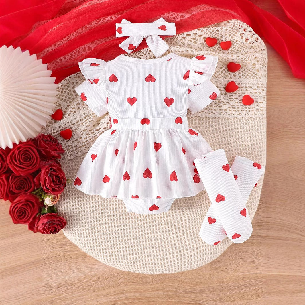 Polka Hearts Baby Girls Romper Dress Set (With Socks and Head Bow)