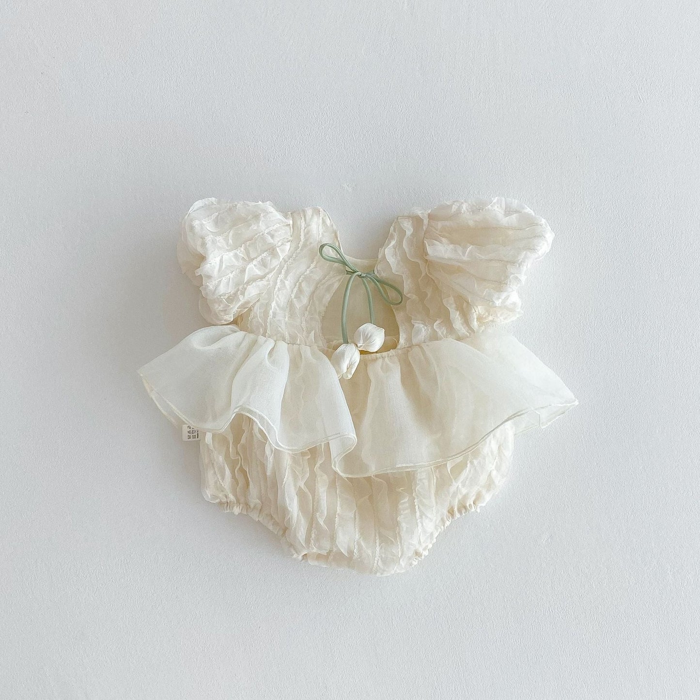 Ju Ju Jam delicate lace romper dress with 3D tulips – ideal baby girl photoshoot outfit.