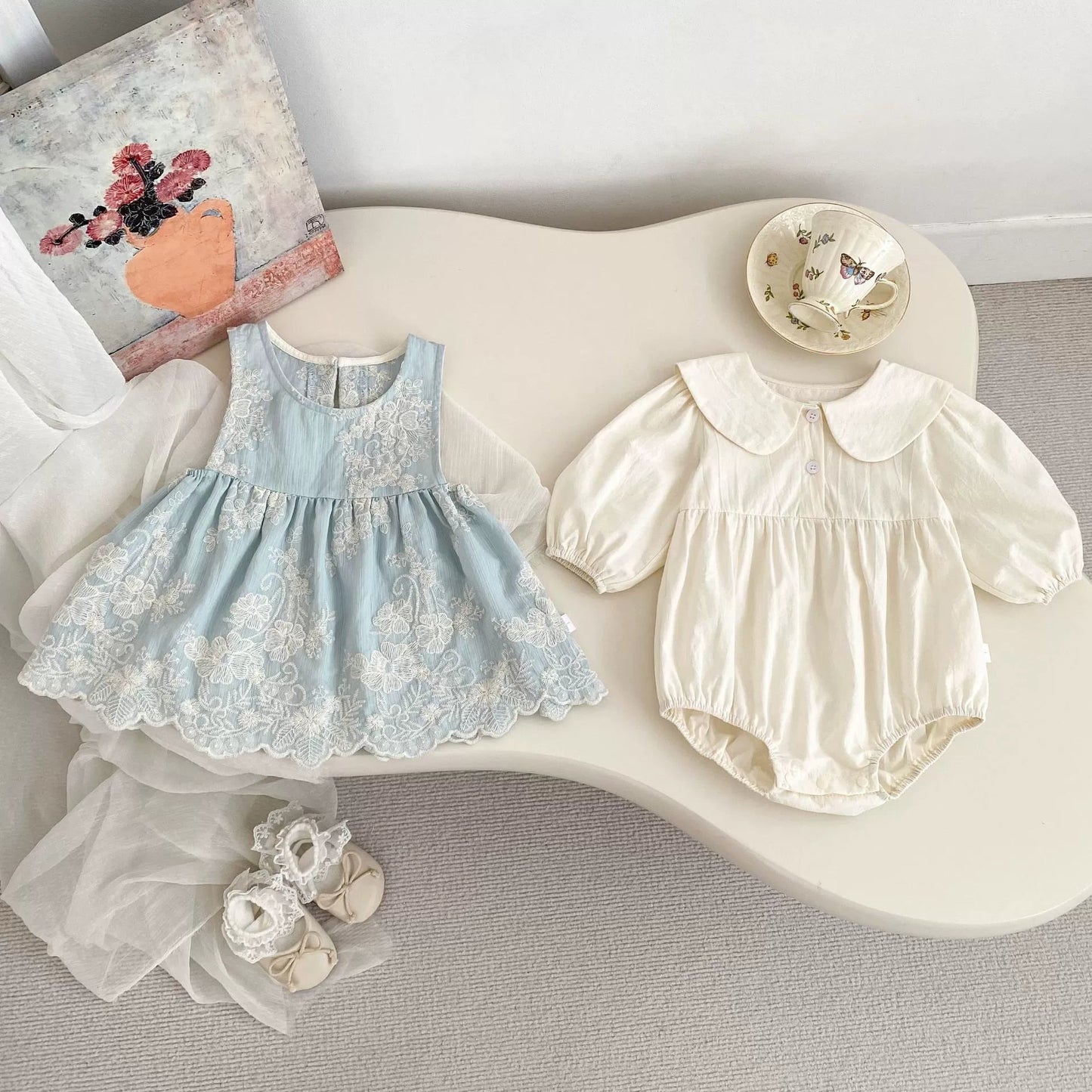 Icy Magic Embroidered Baby Girls 3-piece Romper Dress Set with Cap