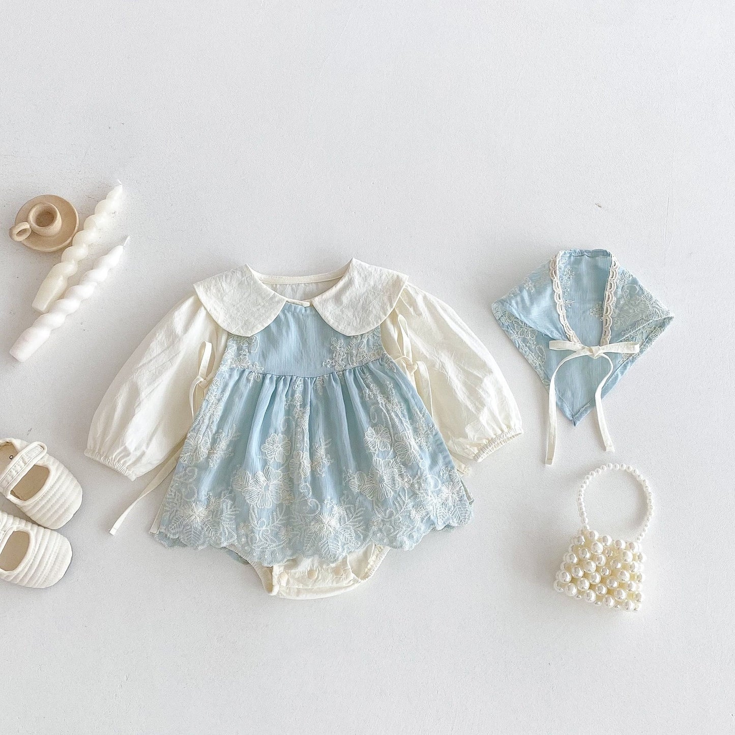 Icy Magic Embroidered Baby Girls 3-piece Romper Dress Set with Cap