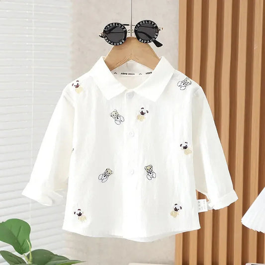 Cute Pups Printed Boys Shirt, featuring an adorable puppy print, perfect for playful and casual outfits, available at Ju Ju Jam.