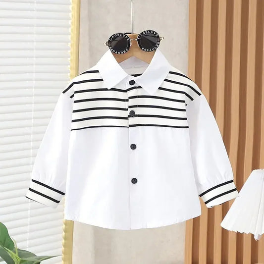 Korean Style Boys Striped Shirt, stylish and modern with bold stripes, perfect for casual and trendy outfits, available at Ju Ju Jam.