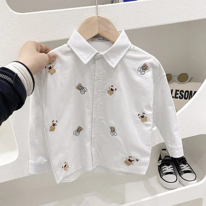 Trendy Cute Pups Printed Boys Shirt, featuring a fun and cute pup design, ideal for dog-loving kids, now at Ju Ju Jam."