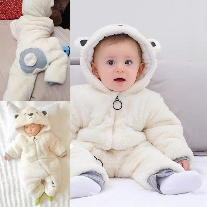 Warm and comfortable plush romper for baby girls and boys, featuring a cute and cozy design, from Ju Ju Jam.