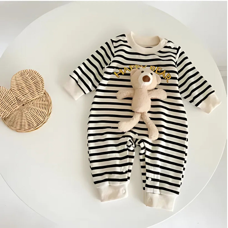 Adorable striped romper with 3D teddy bear design for baby boys and girls, offering comfort and cuteness, by Ju Ju Jam.