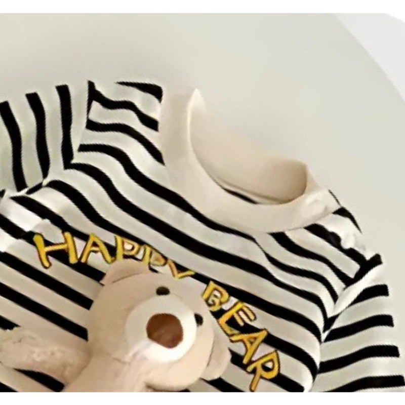 Baby bear-themed romper with a 3D teddy design, soft fabric, and striped pattern for boys and girls, from Ju Ju Jam."