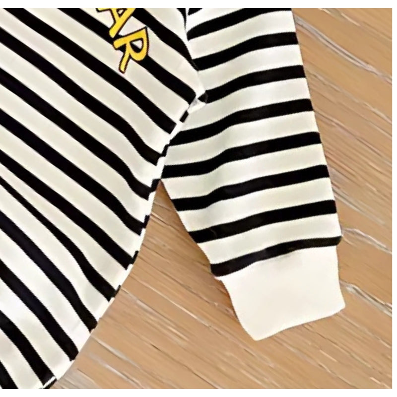 Ju Ju Jam Baby Bear romper for boys and girls, featuring a charming striped design with a 3D teddy bear accent.