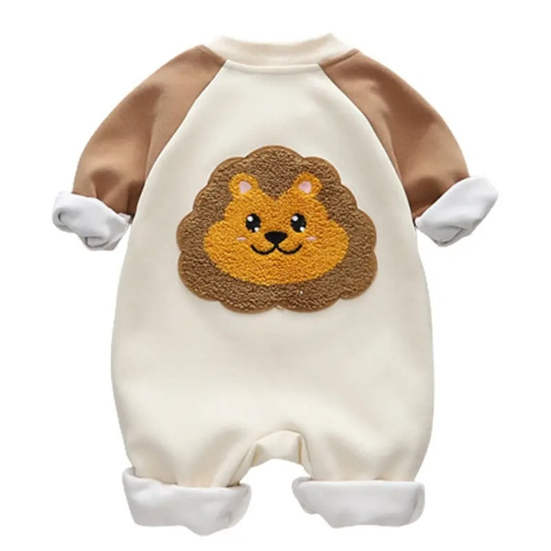 Warm baby romper with a playful tiger theme, ideal for keeping boys and girls snug in style, from Ju Ju Jam.