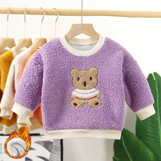 Soft Lavender Cozy Bear Girls Sweater by Ju Ju Jam, designed for ultimate comfort and warmth with a cute bear motif, ideal for chilly days.