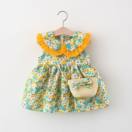 Bright and cheerful kids' dress in yellow with collar and sling by Ju Ju Jam