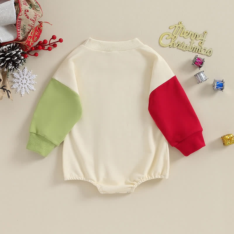 Christmas-themed baby romper with a sweatshirt style, unisex holiday outfit from Ju Ju Jam.