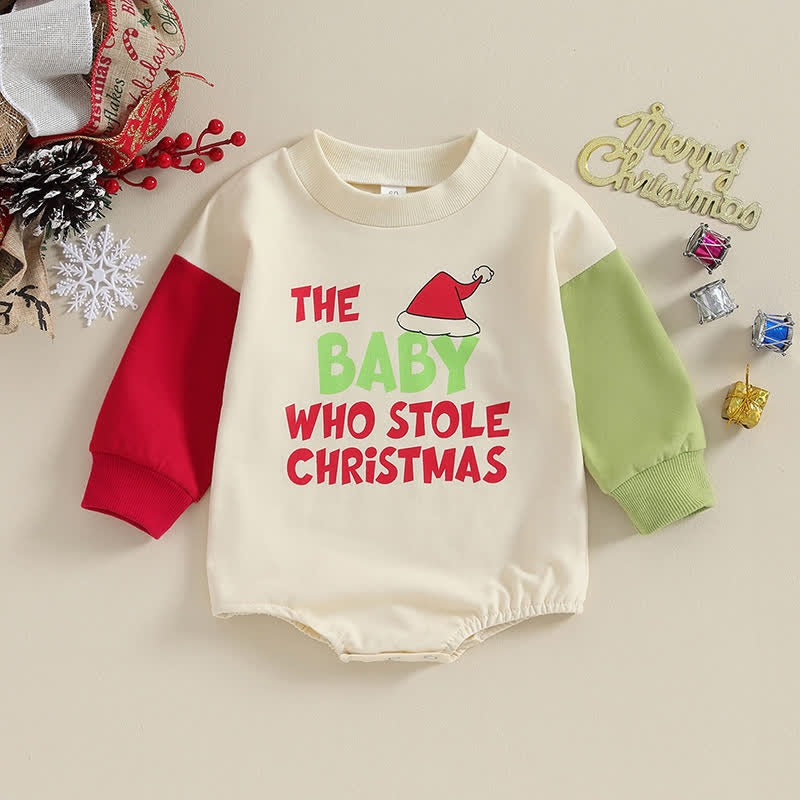 Dashing Christmas sweatshirt romper for baby boys and girls by Ju Ju Jam, perfect for cozy holiday wear.