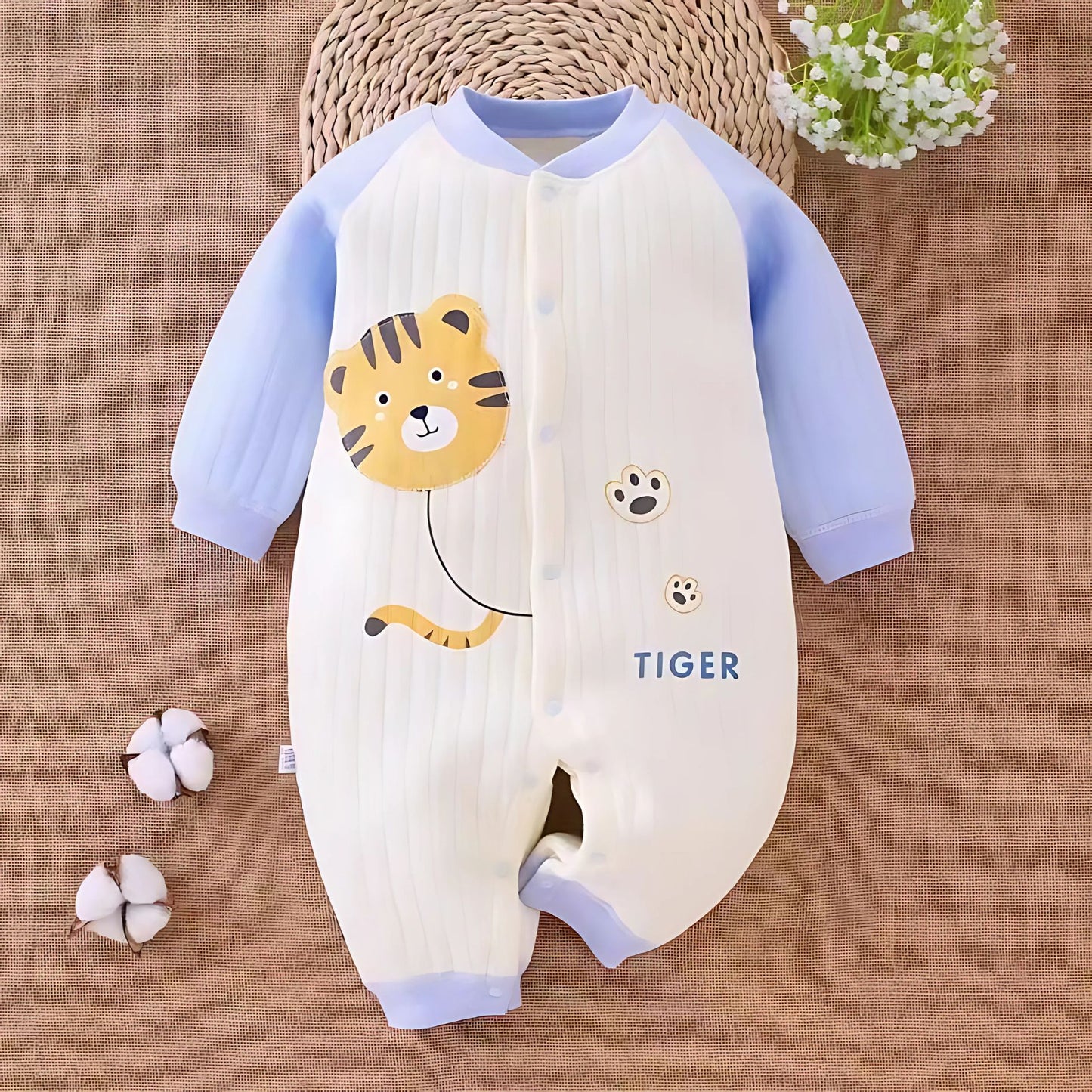 Playful Tiger Baby Boys and Girls Romper by Ju Ju Jam – cute and comfy romper featuring a fun tiger design.