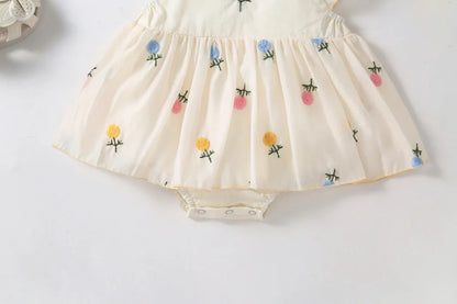 Elegant Embroidered Baby Girls Romper with Hairband