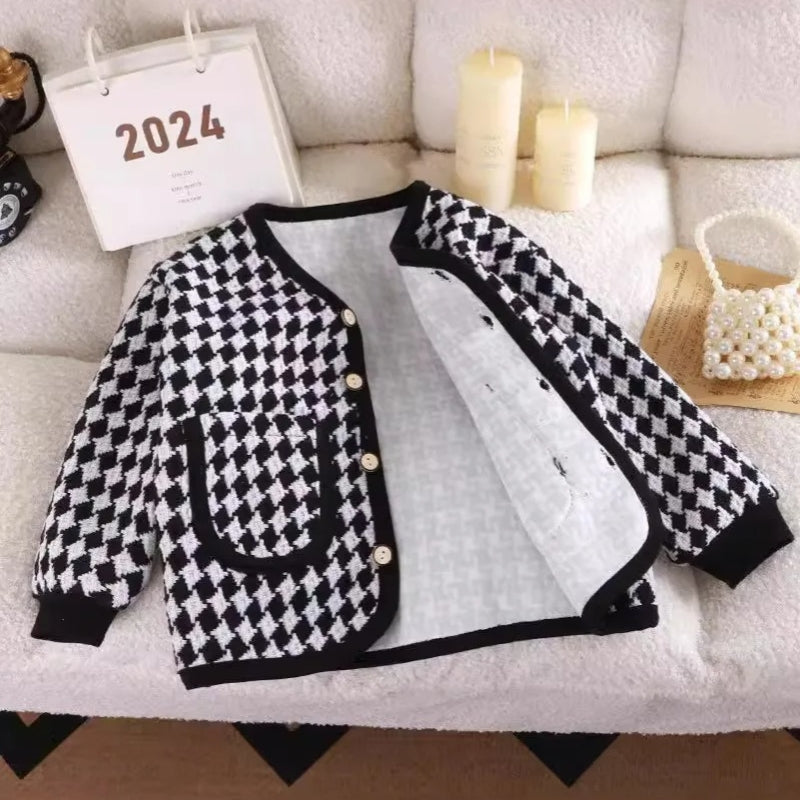 Ju Ju Jam Girls Cardigan with Smart Checkered Design, perfect for layering with its soft knit fabric and chic pattern.