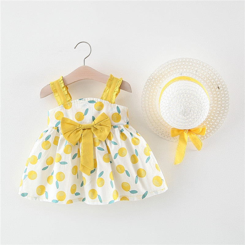 Cute baby outfit: Pink Yellow Bow Dress with coordinating hat from Ju Ju Jam