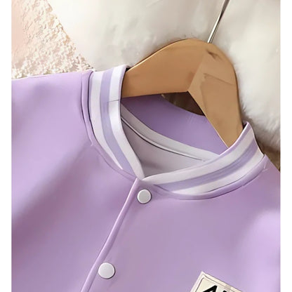 Ju Ju Jam’s Pretty Purple Bomber Jacket for girls – trendy outerwear perfect for cool weather and casual outings.