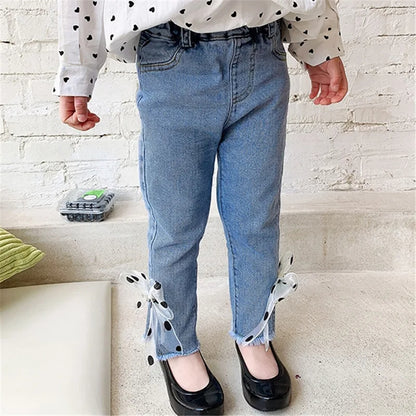 Polka Dotted Bow Denim Girls Jeans